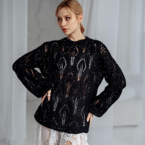 Black silk mohair sweater, Mohair women sweater, Cable knit mohair sweater, Mohair Sweater,  Handknit sweater, Black sweater, mohair jumper