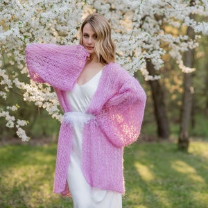 Cardigan Women Mohair Pink, Wool long cardigan, Mohair Cardigan, Chunky cardigan, Open front cardigan, 100% hand made, Made in Ukraine image 3