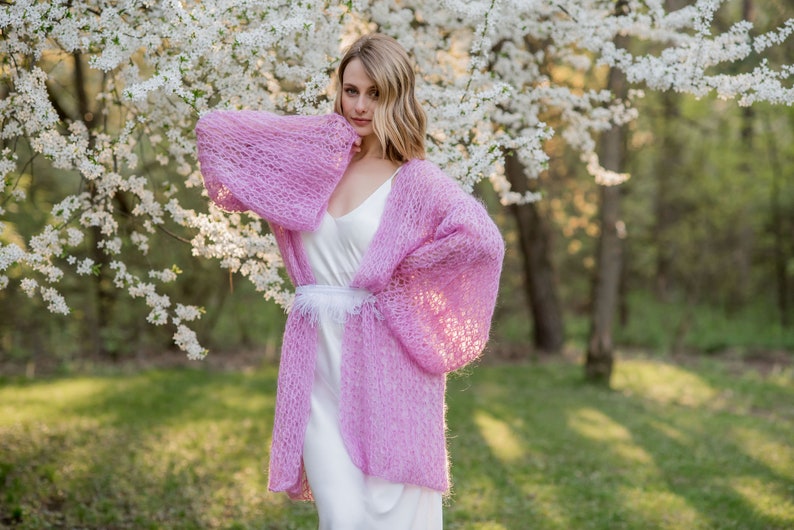 Cardigan Women Mohair Pink, Wool long cardigan, Mohair Cardigan, Chunky cardigan, Open front cardigan, 100% hand made, Made in Ukraine image 3