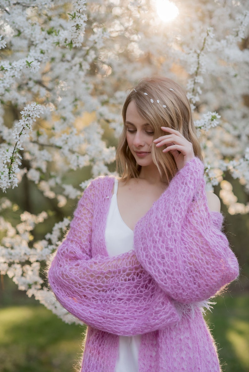 Cardigan Women Mohair Pink, Wool long cardigan, Mohair Cardigan, Chunky cardigan, Open front cardigan, 100% hand made, Made in Ukraine image 4