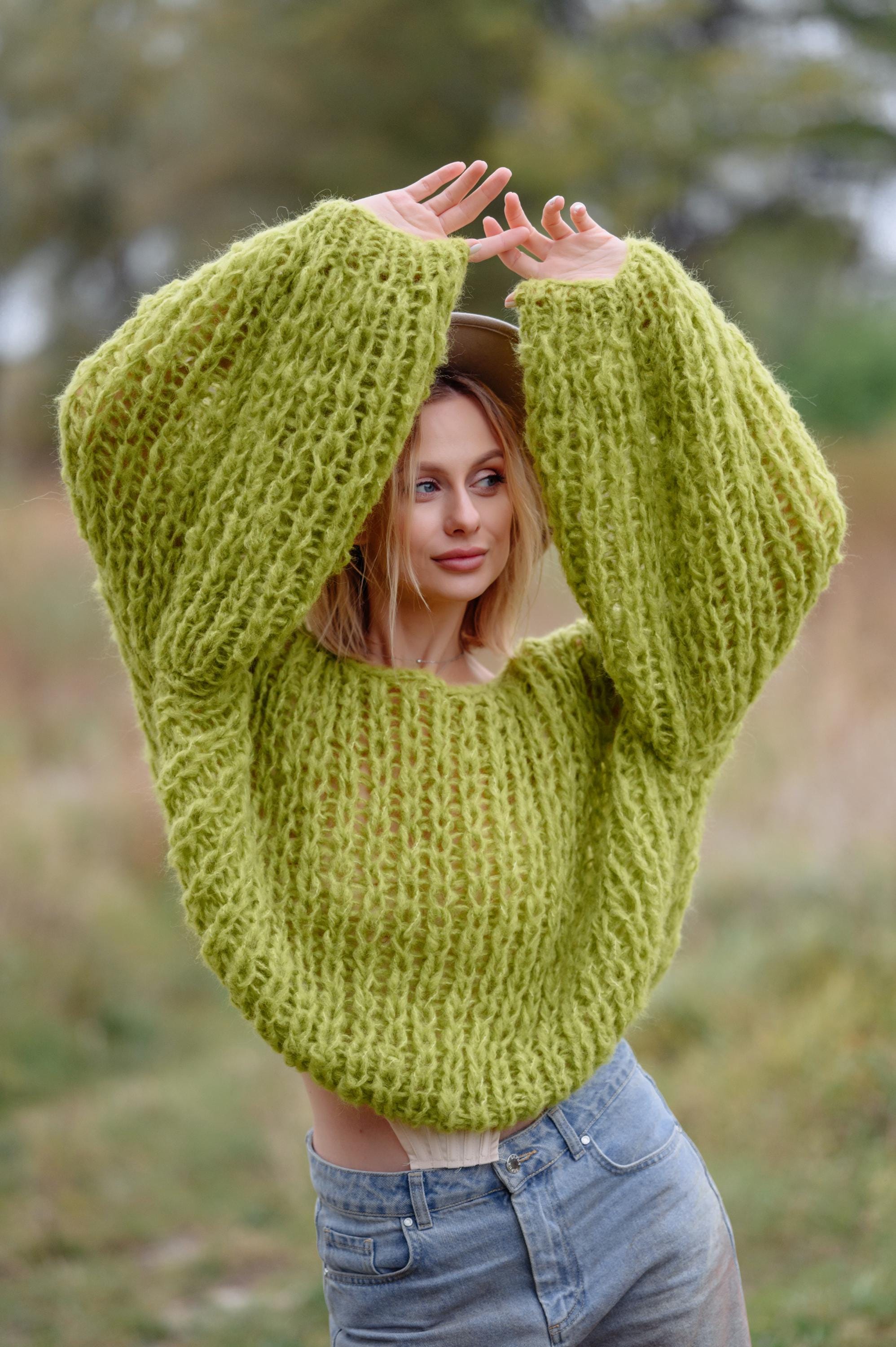 Green Alpaca Sweater, Fluffy Knit Pullover, Cozy Hand Knit Jumper