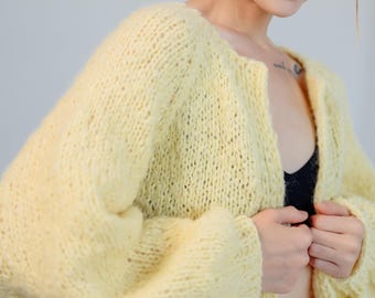 Hand Knit Mohair Cropped Cardigan - Yellow Bomber With 3/4 Sleeves