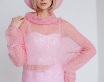 Rosa Mohairpullover, Strickwaren handgefertigt, Rollkragenpullover, Frühlingspullover, Damen-Wollpullover, rosa Stricktop, kuscheliger Pullover, Geschenk für Frau