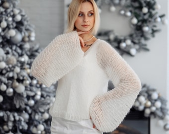 White mohair pullover, White sweater, Wool sweater, White pullover, Handknit sweater, Knitted sweater, 100% hand made, Mohair Jumpers