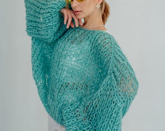 Mohair chunky, knit sweater, Oversized fuzzy sweater, Aesthetic clothes, Minimalist sweater, Turquoise Hand Knitted Mohair Sweater