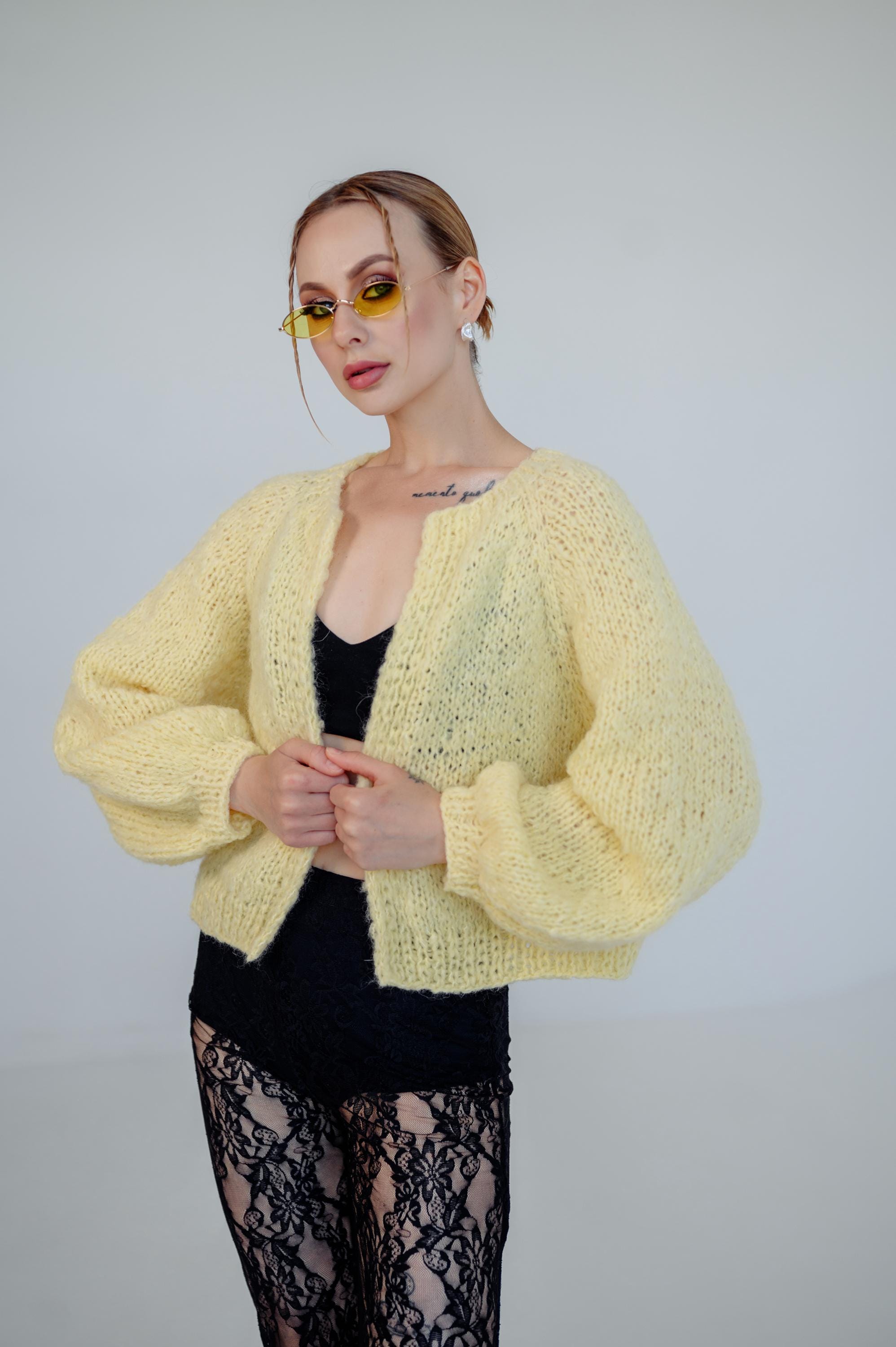 MOHAIR KNIT CARDIGAN（YELLOW） Mohair Cardigan, Hand Knitted Jacket, Fuzzy Coat Jumper, Yellow