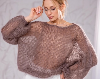 Soft Mohair Sweater, Oversized, Chunky Sleeves, Crew Neck, Mohair Khit Sweater, Mohair Wool Sweater, Mohair Jumper, Beige Mohair Sweater