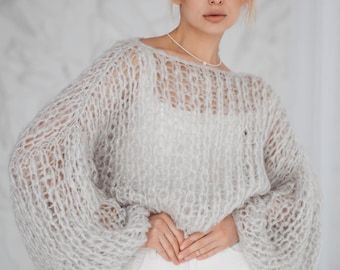 Maglione da donna in mohair lavorato a maglia grigio, maglione oversize, spalle scoperte, pullover da donna, Soft BasicStyle, maglia grossa, maniche a palloncino