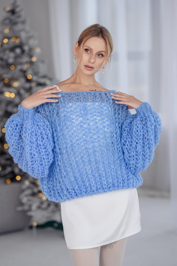 Blue Alpaca Sweater, Fluffy Knit Pullover, Cozy Hand Knit Jumper, Soft Warm Alpaca Knitwear, Chunky Winter Sweater, Sustainable Fashion