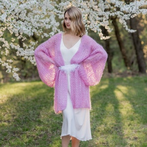 Cardigan Women Mohair Pink, Wool long cardigan, Mohair Cardigan, Chunky cardigan, Open front cardigan, 100% hand made, Made in Ukraine image 6