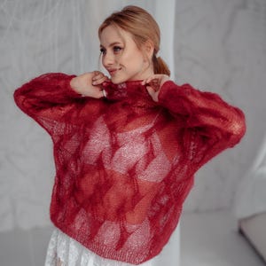 Mohair Sweater, Women’s pullover, burgundy sweater,hand knitted, sweater with braids, puffy sleeves, Airy Mohair Sweater, Mesh sweater