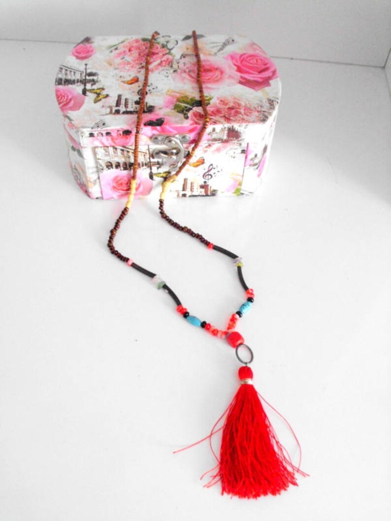 Red Tassel Boho Necklace Long Tassel Necklace Long Bohemian Vibes Necklace Boho Tassel Jewelry