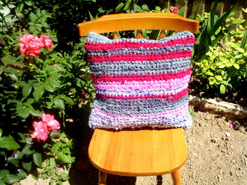 16x16 Hand Crocheted Rag Rug Pillow Cover Rag Rug Cushion Etsy