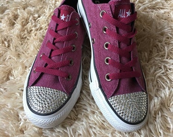 SALE Ready to Ship! Girl's Purple Low Top Blinged Converse Shoes w/ Matching Purple Shoelaces. Solid Clear Rhinestone Bling. Gift for Girls