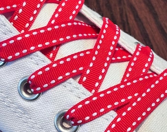 Red Christmas Shoelaces, 3/8" Red Grosgrain w/ White Saddle Stitch, Christmas Shoes, Red Ribbon Running Shoes Shoelaces, Replacement Laces