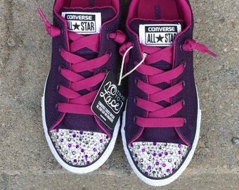 SALE & Ready to Ship! Girl's (Size 1) Purple Low Top Bling Converse Shoes w/ Purple Dots. No-Tie Laces. Weddings, Flower Girls, Dress Shoes