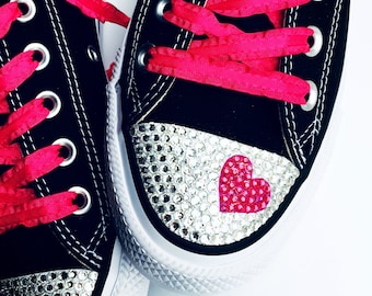 Women's Custom Heart Bling Converse Shoes. Converse w/ Bling Heart. Wedding Shoes. Flat Bridal Shoes, Bat-Mitzvah Shoes. Valentine's Shoes