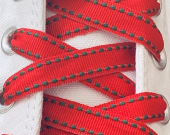 Red & Green Shoelaces. 3/8" Red Grosgrain w/ Green Saddle Stitch. Red Shoelaces for Running Shoes, Converse Shoes, Custom Sizes Available