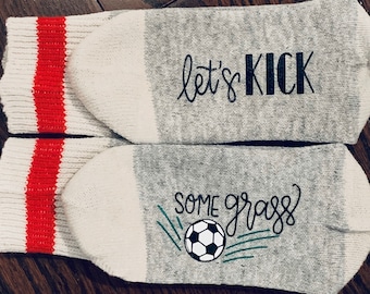 Kid's Soccer Socks. Let's Kick Some Grass. Soccer Player Funny Novelty Socks. Soccer Player Gift. Soccer Gift Idea. Boy or Girl Soccer Gift