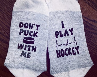 Women's Hockey Socks. Don't Puck With Me I Play Hockey. Grey Socks. Funny Novelty Socks. Female Hockey Player Gift. Teen Hockey Girl Gift.