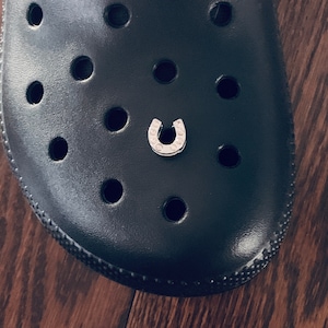 以下が含まれることがあります： 黒いゴム製の靴に、馬蹄のチャームが前面に付けられています。靴は、小さな穴のあるテクスチャ加工された表面をしています。