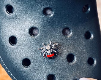 Spider Croc Charm – Small Black & Red Rhinestone Spider Slide Charm w/ Button Back. Bug Clog Jewelry, Halloween or Nature Lover Gift