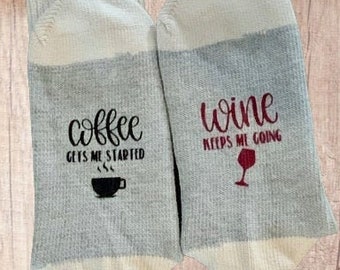 Women's Socks. COFFEE Gets Me Started, WINE Keeps Me Going. Funny Women Novelty Socks. Coffee & Wine Gift. Wife, Mom Gift. Girlfriend Gift