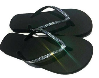 Bling Flip Flops w/ Clear Rhinestones. Black Flip Flops. Summer Sandals. Bridal Flip Flops. Flat Wedding Shoes. Beach Shoes. Gift for Her.