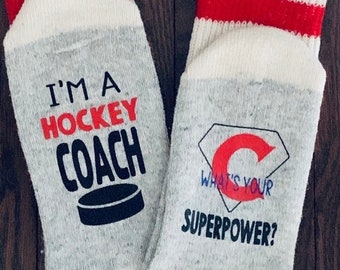 Mens Hockey Coach Socks. I'm A Hockey Coach Whats Your Superpower? Funny Novelty Socks. Hockey Coach Gift. Personalized Thank You Coach Gift