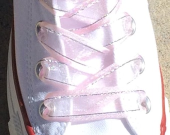 Pink & Metallic Silver 5/8" or 3/8" Flat Organza and Satin Shoelaces. Pink Shoelaces. Bride Shoes, Weddings, Fancy Shoelaces, Dress Shoes