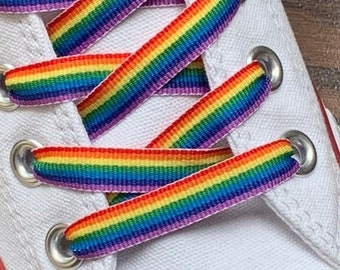 Bold Rainbow Grosgrain Ribbon Shoelaces. 3/8"or 5/8" Double Sided Laces. Converse Shoes, Running Shoes. Weddings. LGBTQ Pride Outfit Clothes