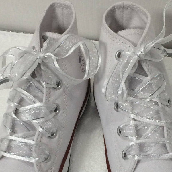 White & Silver Flat Organza Shoelaces in 3/8" or 5/8". Metallic Silver and Satin Edge.  Fancy Shoes, Bride Shoes, Wedding Shoes, Dress Shoes