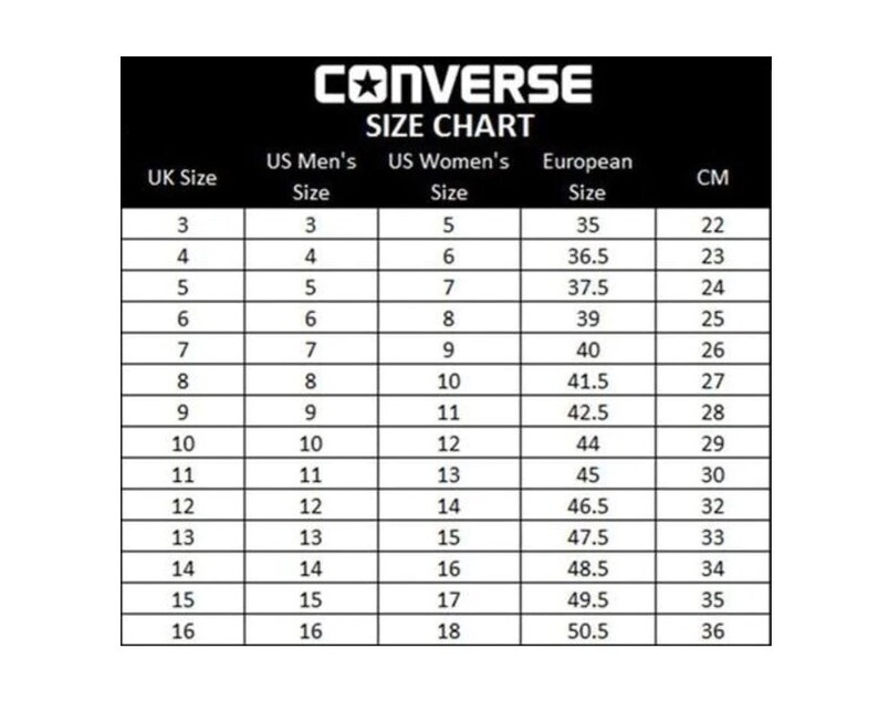 May include: Converse size chart showing UK, US men's, US women's, European, and CM sizes. The chart shows sizes 3 through 16 in UK, US men's, and US women's sizes, with corresponding European and CM sizes.