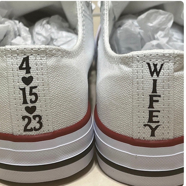 Wedding Iron On Decals for rear seam of Converse Shoes. DIY Customize w/ Wedding Date, Mrs., Bride, Groom, or I Do. Bride & Groom Converse