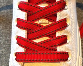 Red & Green Shoelaces. 3/8" Red Grosgrain w/ Green Saddle Stitch. Red Shoelaces for Running Shoes, Replacement Laces, Christmas Shoelaces