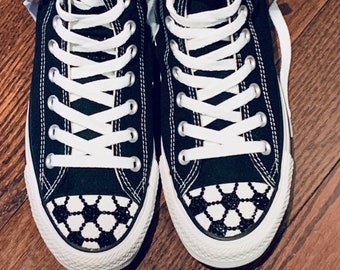 Women's Soccer Converse, BLACK WHITE Rhinestones, Custom Soccer