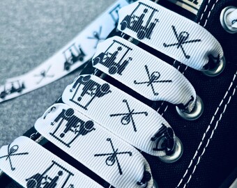 Golf Shoelaces. 5/8" Black & White Grosgrain Ribbon w/ Golf Cart, Golf Ball + Tee Design, Gift for Golfer, Golf Dad Shoes, Father's Day Gift