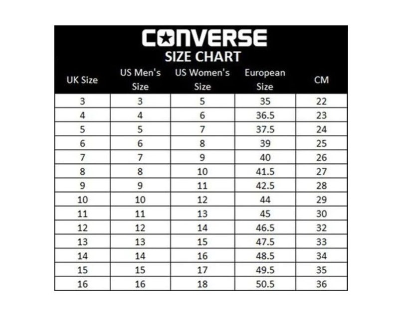May include: Converse size chart showing UK, US men's, US women's, European, and CM sizes. The chart shows sizes 3 through 16 in UK, US men's, and US women's sizes, with corresponding European and CM sizes.