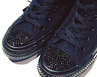 Black Monochrome Custom Converse Shoes – Solid Bedazzled Rhinestone Bling Sneakers, Minimalist Dress Shoes for Grooms & Special Occasions