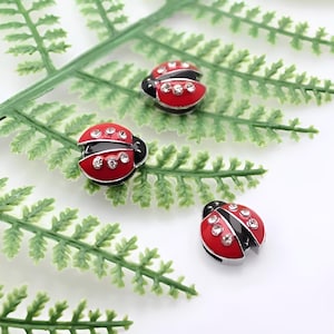 Rhinestone Ladybug Shoe Charm, 1 pc Small Shoelace Clip, Silver, Black & Red Ladybug Charm, 8mm Slide Charm, Bug Jewelry, Ladybug Shoe Clip