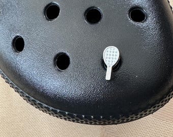 Tennis Croc Charm – Small White and Silver Tennis Racket Clog Shoe Jewelry w/ Button Back, Gift for Players, Moms, Dads, Fans & Coaches