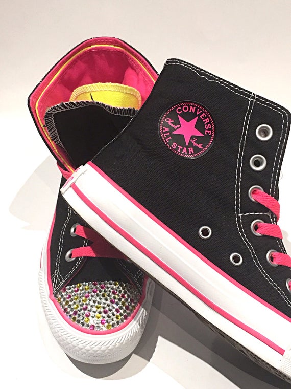 I hele verden Fæstning Rektangel SALE Black Pink & Yellow High Top Blinged Converse Shoes W/ - Etsy