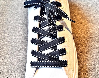 Black & White Grosgrain Shoelaces – 3/8'' Flat Ribbon Laces with Saddle Stitch Trim, Fancy Replacement Laces for Sneakers and Running Shoes