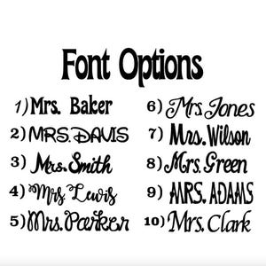 May include: A list of ten font options for names, including "Mrs. Baker", "MRS. DAVIS", "Mrs. Smith", "Mrs. Lewis", "Mrs. Parker", "Mrs. Jones", "Mrs. Wilson", "Mrs. Green", "MRS. ADAMS", and "Mrs. Clark".