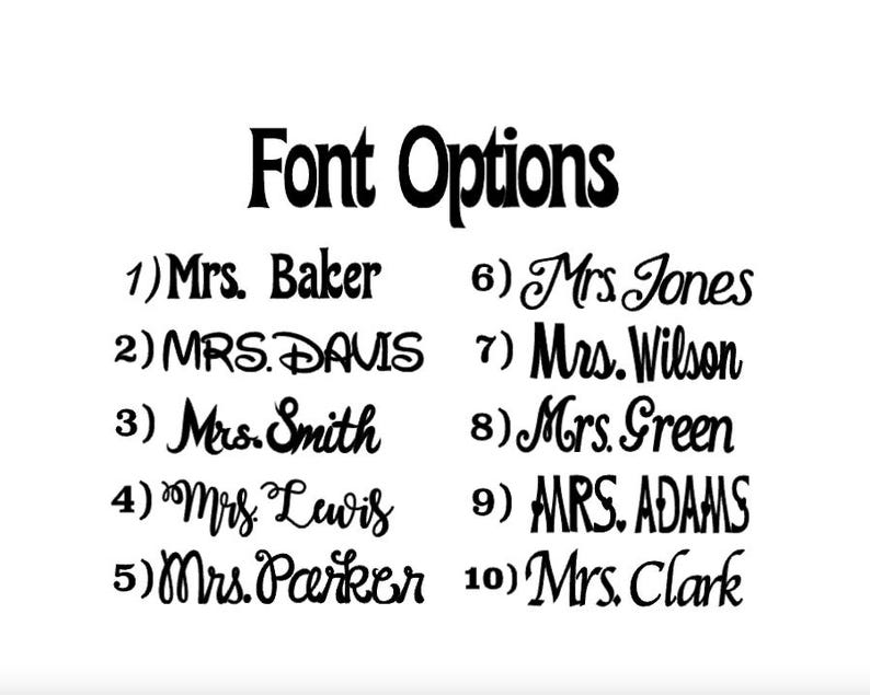 May include: A list of ten font options for names, including "Mrs. Baker", "MRS. DAVIS", "Mrs. Smith", "Mrs. Lewis", "Mrs. Parker", "Mrs. Jones", "Mrs. Wilson", "Mrs. Green", "MRS. ADAMS", and "Mrs. Clark".