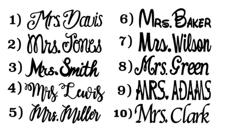 Puede incluir: Una lista de nombres escritos en letra cursiva. Los nombres est&aacute;n numerados del 1 al 10. Los nombres son: Sra. Davis, Sra. Jones, Sra. Smith, Sra. Lewis, Sra. Miller, Sra. BAKER, Sra. Wilson, Sra. Green, Sra. ADAMS, Sra. Clark.