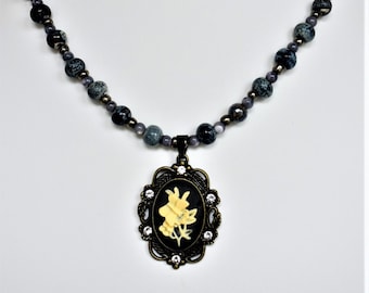 Blue Beaded Cameo Necklace