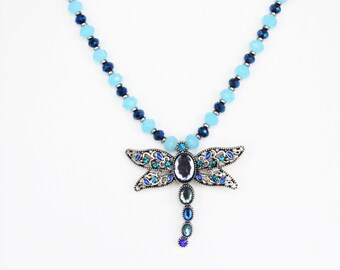 Blue Beaded Dragonfly Necklace