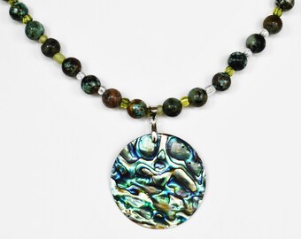 Blue Beaded Necklace Abalone Pendant