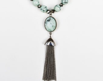 Lightweight Light Green Turquoise Necklace with Metal Tassel